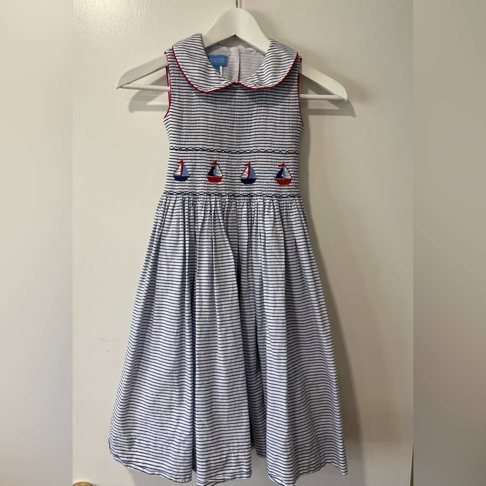 [Anavini] Girls' Striped Sailboat Smocked Dress - Blue, White & Red